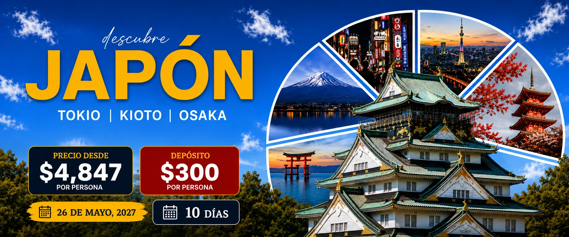 Tour Grupal a Japón 2027 — Tokio, Kioto, Osaka — 26 de mayo al 5 de junio de 2027 — desde $4,847 por persona — Servicios México