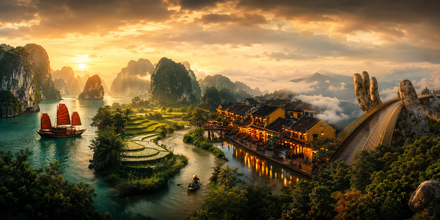 Ha Long Bay, Ninh Binh rice terraces, Hoi An old town and the Golden Bridge, Vietnam
